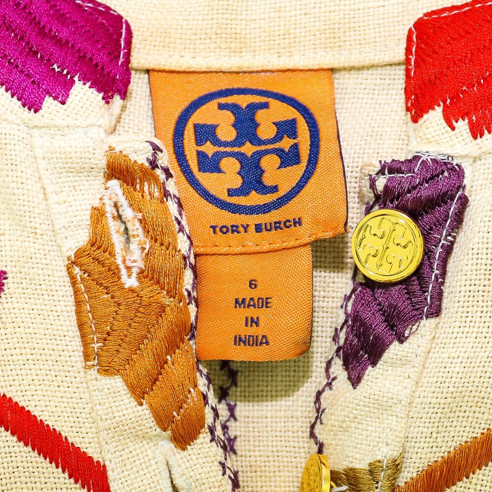 Tory Burch Linen Floral Embroidery Long Sleeve Button Down Summer Blouse Size 6 - Picture 4 of 4